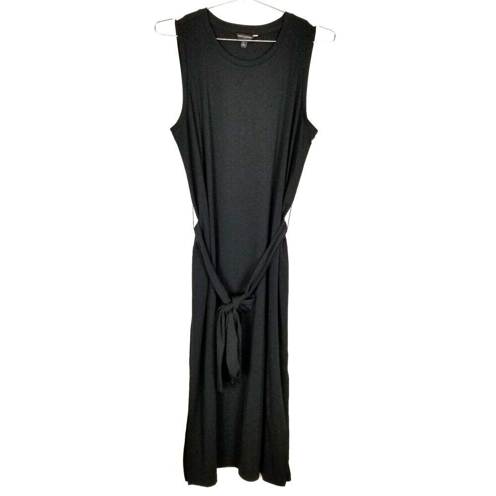 Banana Republic Women‎ Tie-Waist Column Midi Dress Sz L Black Side Slit Stretch
